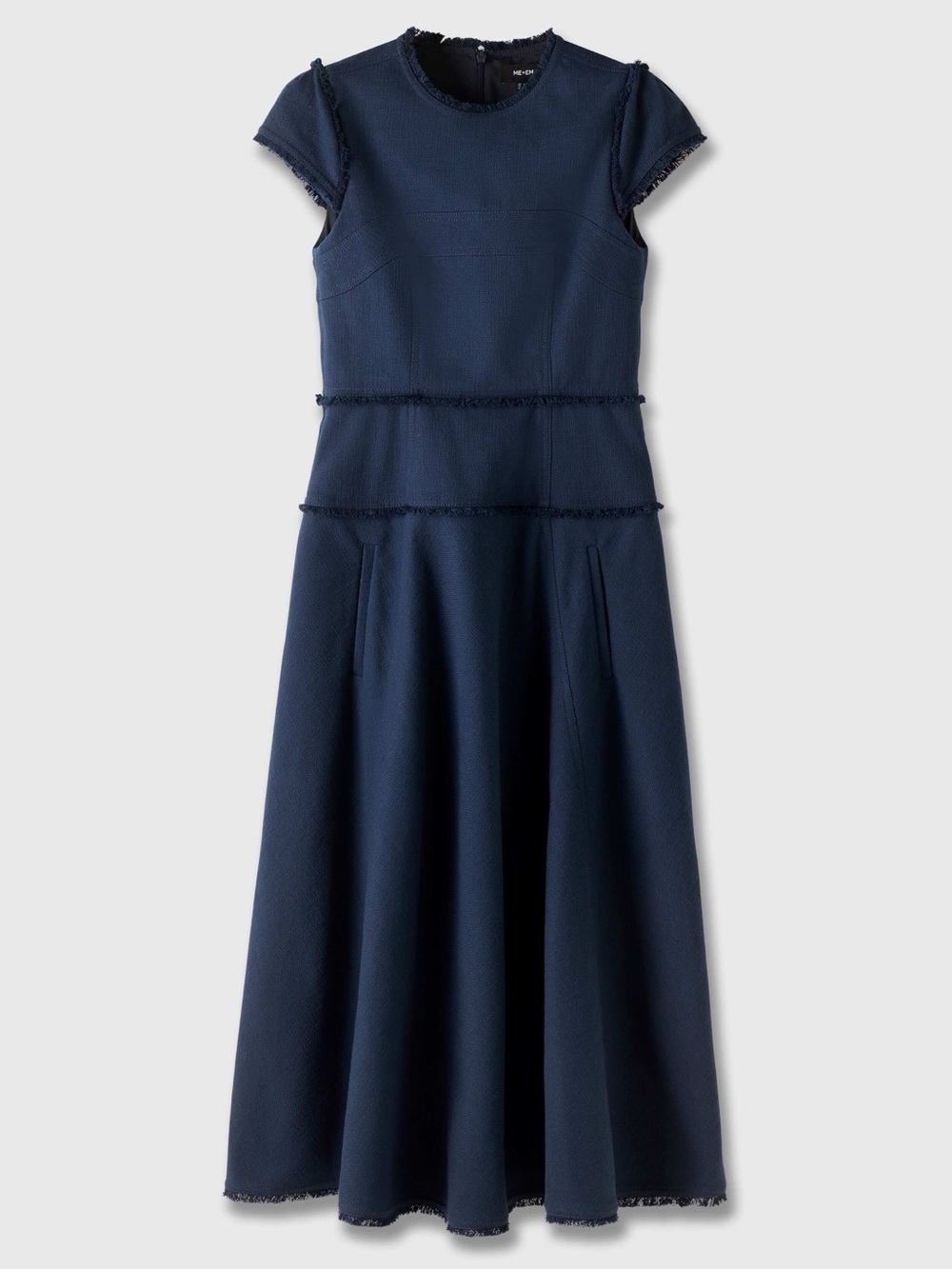 ME + EM Navy Textures Fringed MIDI Dress With Capped Sleeve - NWT